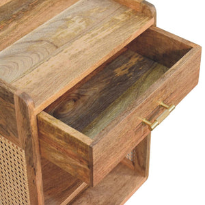 HomeRoots 23" Solid Mango Wood Nightstand with Cane Rattan Back, Drawer & Open Shelves for Stylish Storage 651567