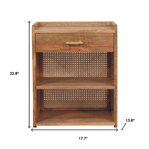 HomeRoots 23" Solid Mango Wood Nightstand with Cane Rattan Back, Drawer & Open Shelves for Stylish Storage 651567