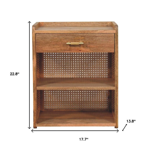 HomeRoots 23" Solid Mango Wood Nightstand with Cane Rattan Back, Drawer & Open Shelves for Stylish Storage 651567