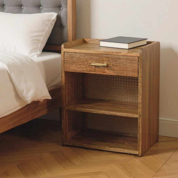 HomeRoots 23" Solid Mango Wood Nightstand with Cane Rattan Back, Drawer & Open Shelves for Stylish Storage 651567