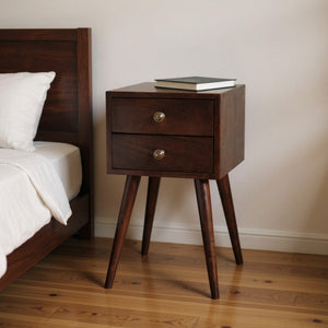 HomeRoots 22" Walnut Solid Wood Nightstand - Mid-Century Modern Design with Two Drawers for Smart Storage 651569