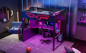 English Elm Gaming Full Loft Bed with Workstation Storage Staircase Led Lights and Usb Port N7090004031B