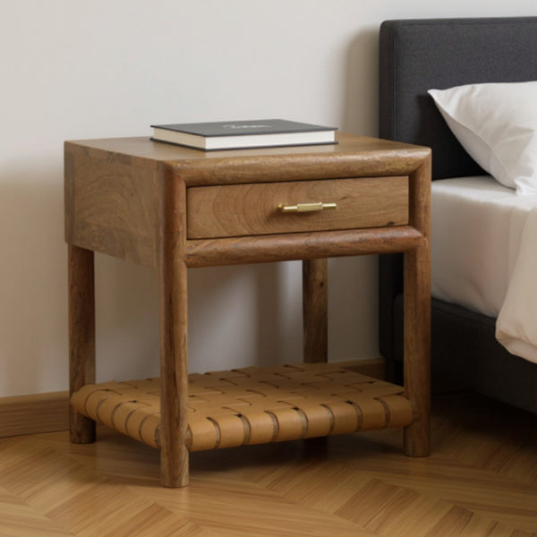 HomeRoots 20" Handcrafted Light Brown Mango Wood Nightstand with Woven Leather Shelf & Brass Accents 651574