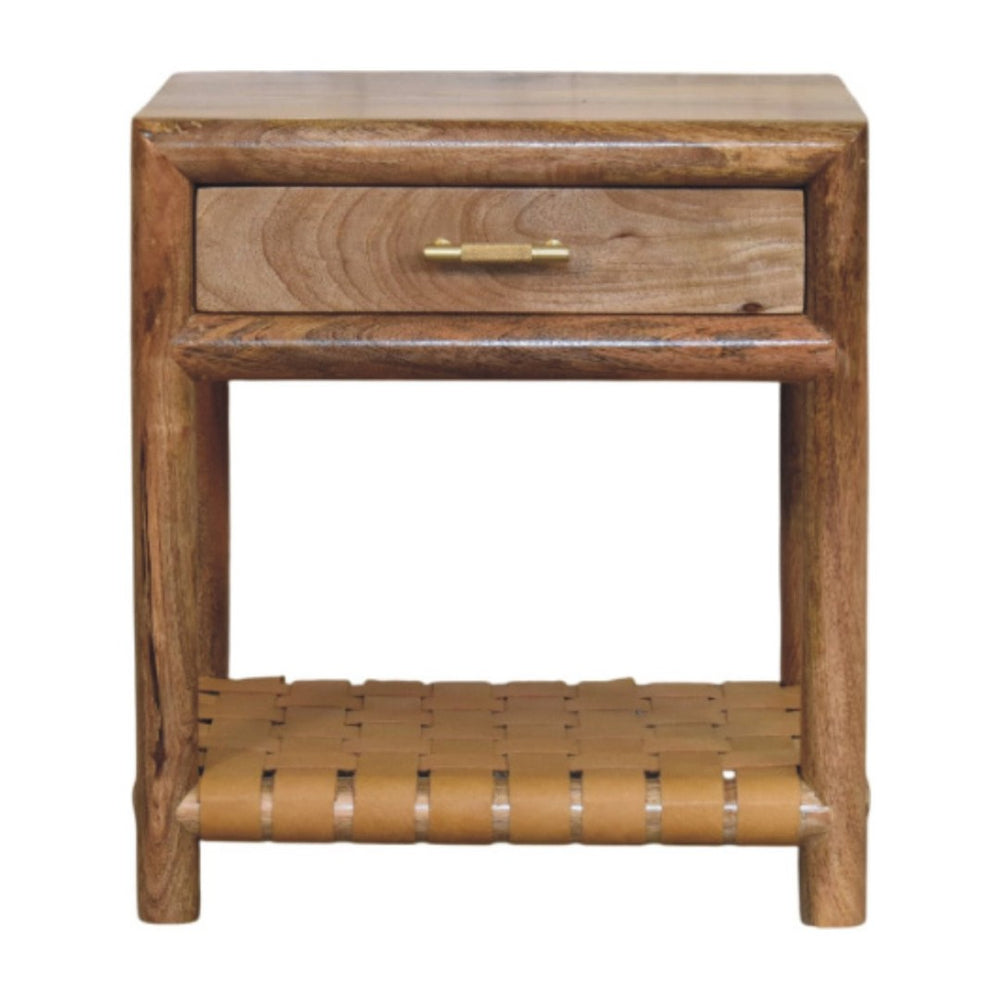 HomeRoots 20" Handcrafted Light Brown Mango Wood Nightstand with Woven Leather Shelf & Brass Accents 651574