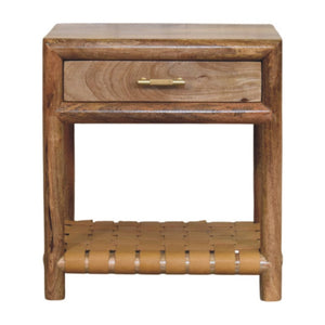 HomeRoots 20" Handcrafted Light Brown Mango Wood Nightstand with Woven Leather Shelf & Brass Accents 651574