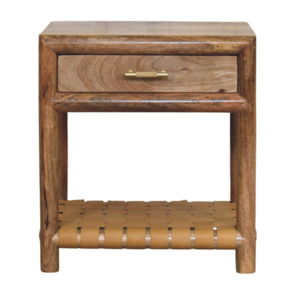 HomeRoots 20" Handcrafted Light Brown Mango Wood Nightstand with Woven Leather Shelf & Brass Accents 651574