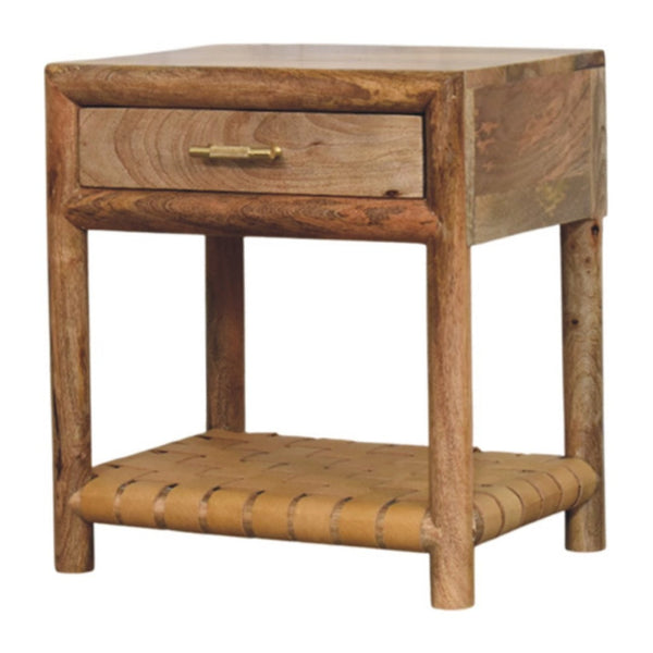 HomeRoots 20" Handcrafted Light Brown Mango Wood Nightstand with Woven Leather Shelf & Brass Accents 651574