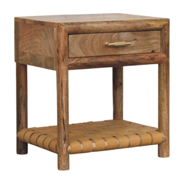 HomeRoots 20" Handcrafted Light Brown Mango Wood Nightstand with Woven Leather Shelf & Brass Accents 651574