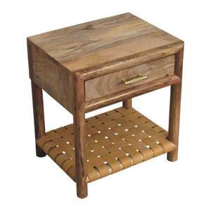 HomeRoots 20" Handcrafted Light Brown Mango Wood Nightstand with Woven Leather Shelf & Brass Accents 651574