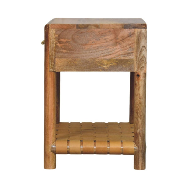HomeRoots 20" Handcrafted Light Brown Mango Wood Nightstand with Woven Leather Shelf & Brass Accents 651574