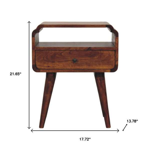HomeRoots 22" Elegant Chestnut Solid Wood Nightstand with Drawer & Shelf - Modern Vintage Design for Any Room 651575