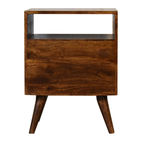 HomeRoots 24" Chestnut Solid Wood Nightstand with Two Drawers & Open Shelf for Stylish Bedroom Storage Solutions 651576