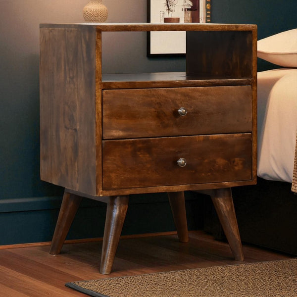 HomeRoots 24" Chestnut Solid Wood Nightstand with Two Drawers & Open Shelf for Stylish Bedroom Storage Solutions 651576