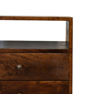 HomeRoots 24" Chestnut Solid Wood Nightstand with Two Drawers & Open Shelf for Stylish Bedroom Storage Solutions 651576