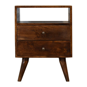 HomeRoots 24" Chestnut Solid Wood Nightstand with Two Drawers & Open Shelf for Stylish Bedroom Storage Solutions 651576