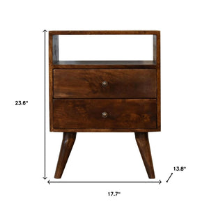 HomeRoots 24" Chestnut Solid Wood Nightstand with Two Drawers & Open Shelf for Stylish Bedroom Storage Solutions 651576
