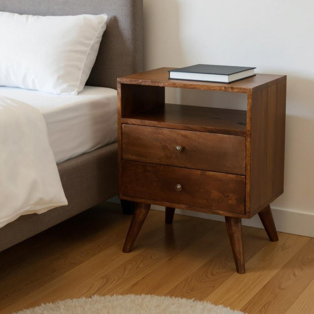 HomeRoots 24" Chestnut Solid Wood Nightstand with Two Drawers & Open Shelf for Stylish Bedroom Storage Solutions 651576