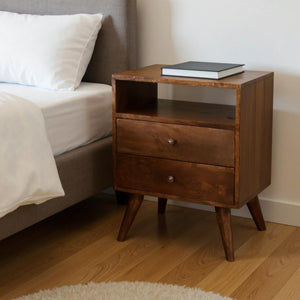 HomeRoots 24" Chestnut Solid Wood Nightstand with Two Drawers & Open Shelf for Stylish Bedroom Storage Solutions 651576