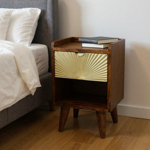 HomeRoots 20" Hand-Carved Chestnut Nightstand with Gold Geometric Accents - Stylish Storage for Any Space 651578