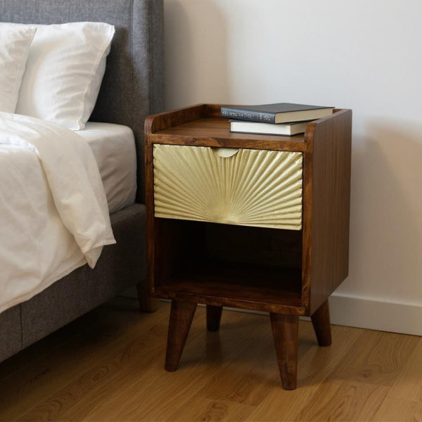 HomeRoots 20" Hand-Carved Chestnut Nightstand with Gold Geometric Accents - Stylish Storage for Any Space 651578