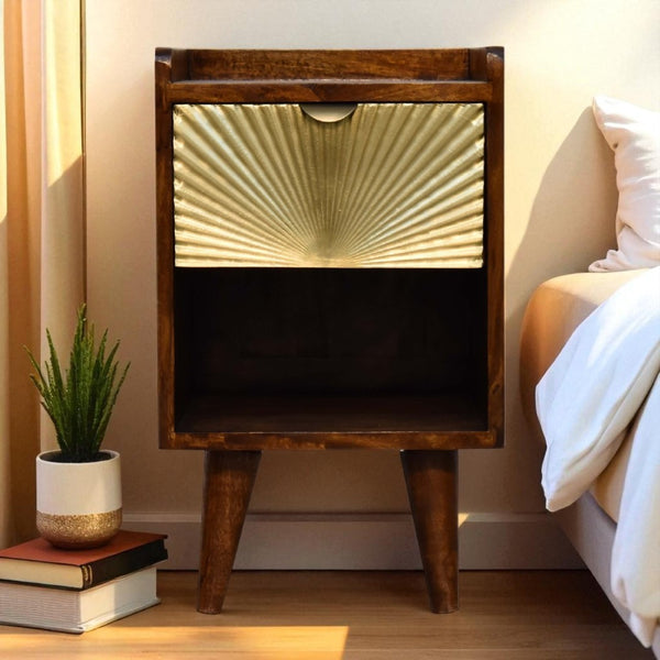 HomeRoots 20" Hand-Carved Chestnut Nightstand with Gold Geometric Accents - Stylish Storage for Any Space 651578