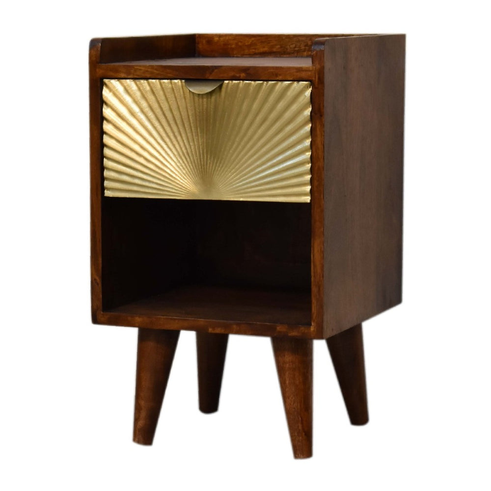 HomeRoots 20" Hand-Carved Chestnut Nightstand with Gold Geometric Accents - Stylish Storage for Any Space 651578