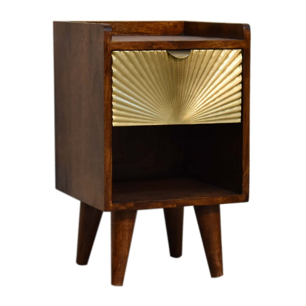 HomeRoots 20" Hand-Carved Chestnut Nightstand with Gold Geometric Accents - Stylish Storage for Any Space 651578