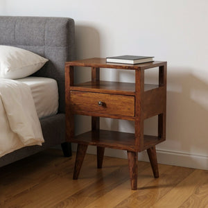 HomeRoots 24" Chestnut Nightstand - Handcrafted Solid Mango Wood Table with Drawer and Open Shelves for Storage 651579