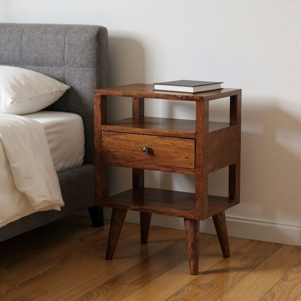 HomeRoots 24" Chestnut Nightstand - Handcrafted Solid Mango Wood Table with Drawer and Open Shelves for Storage 651579