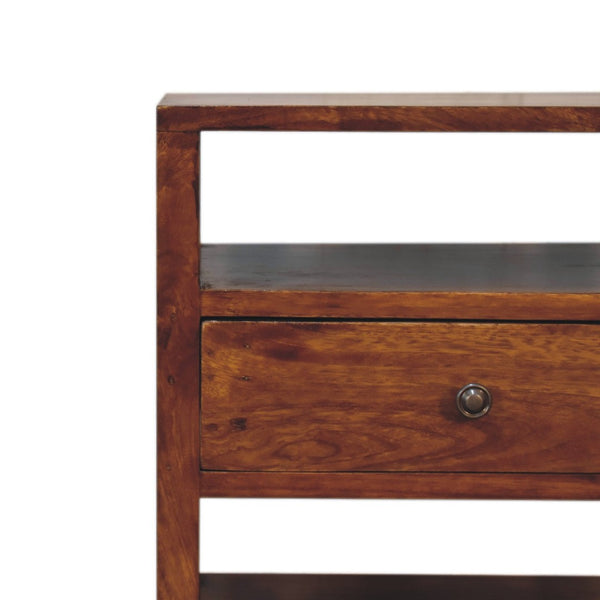 HomeRoots 24" Chestnut Nightstand - Handcrafted Solid Mango Wood Table with Drawer and Open Shelves for Storage 651579