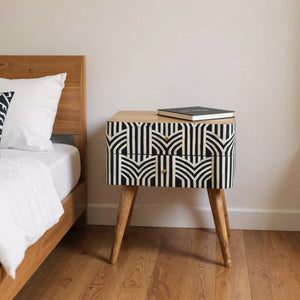 HomeRoots 23" Handcrafted Geometric Bone Inlay Nightstand in Black and Ivory - Stylish Storage Solution for Any Room 651580