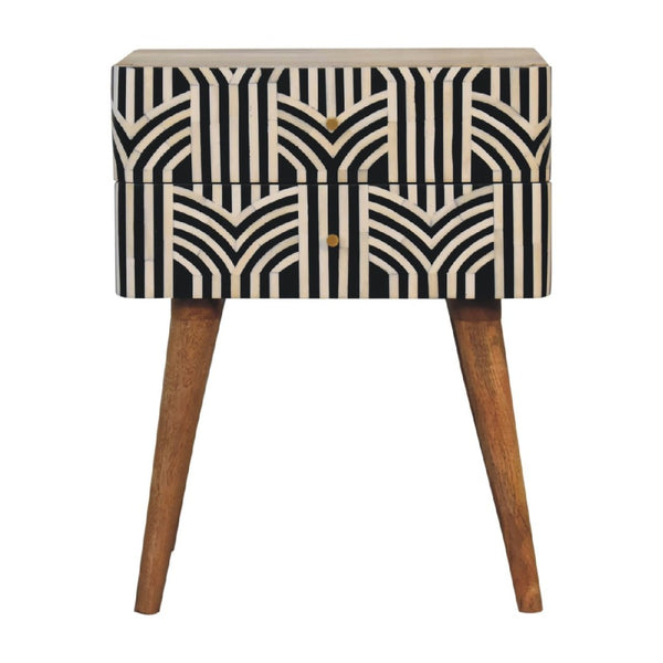 HomeRoots 23" Handcrafted Geometric Bone Inlay Nightstand in Black and Ivory - Stylish Storage Solution for Any Room 651580
