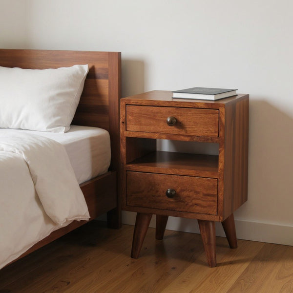 HomeRoots 20" Brown Solid Wood Nightstand with Two Drawers – Handcrafted Mango Wood, Rustic-Modern Design 651583