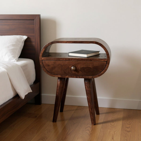 HomeRoots 21" Walnut Solid Wood Oval Nightstand with Drawer & Shelf - Stylish Storage & Accent Table Design 651584