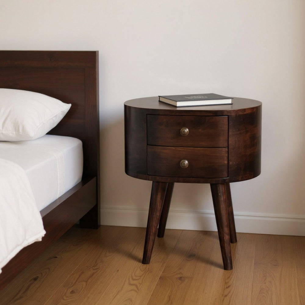 HomeRoots 21" Walnut Solid Wood Oval Nightstand with Two Drawers - Elegant Bedside Storage for Any Room 651585