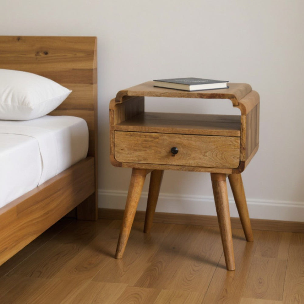 HomeRoots 22" Handcrafted Light Brown Mango Wood Nightstand with Storage, Unique Design for Any Room 651587