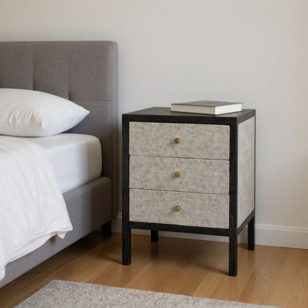 HomeRoots 24" Stylish Gray and Black Solid Wood Nightstand with Faux Shagreen - Three Drawer Accent Table 651590