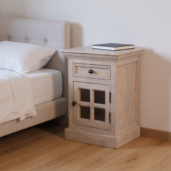 HomeRoots 24" Rustic Gray Solid Wood & Glass Nightstand with Two Drawers – Vintage Charm for Any Room 651592