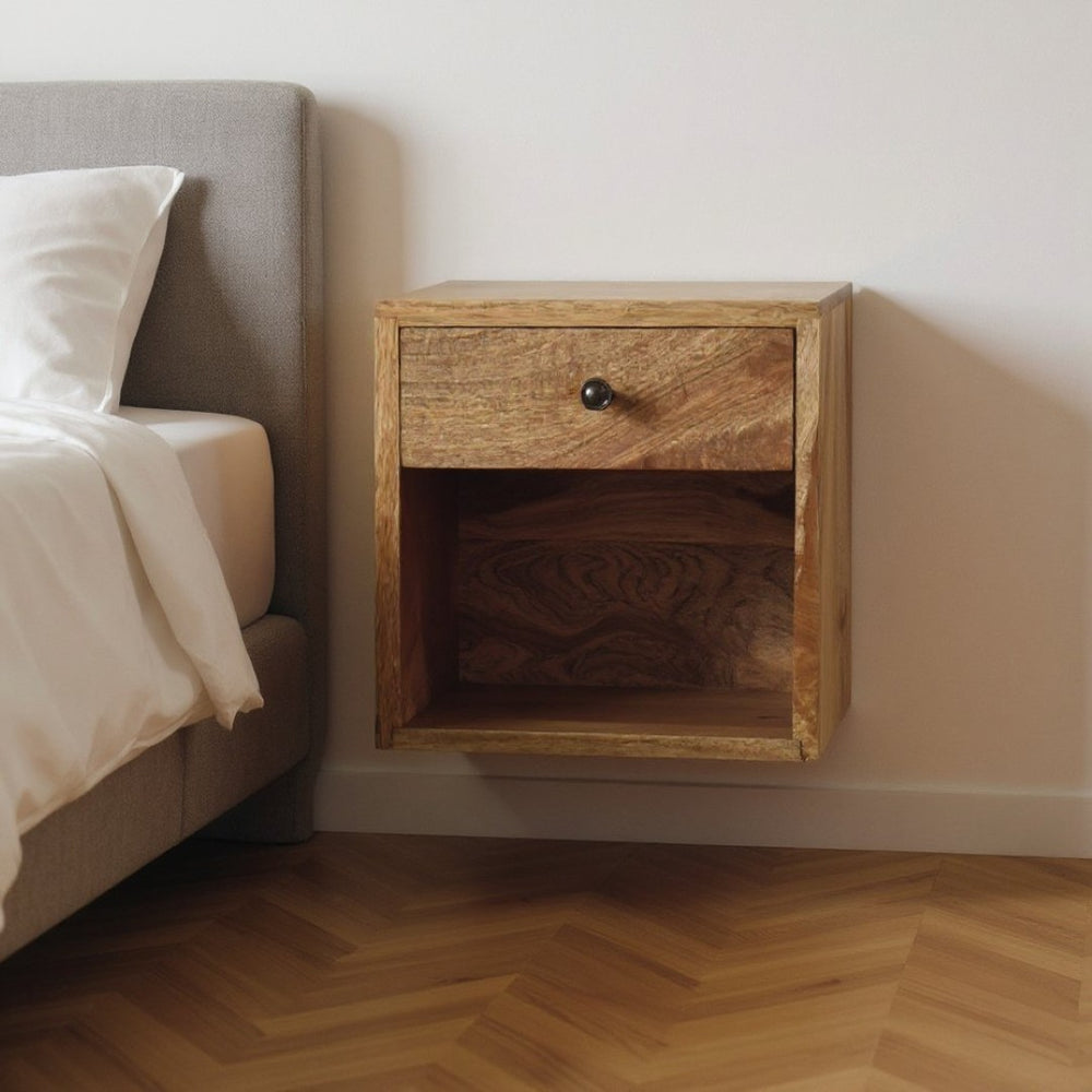 HomeRoots 12" Brown Solid Wood Floating Nightstand with Drawer - Modern Space-Saving Design for Small Rooms 651595