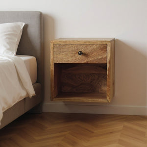 HomeRoots 12" Brown Solid Wood Floating Nightstand with Drawer - Modern Space-Saving Design for Small Rooms 651595