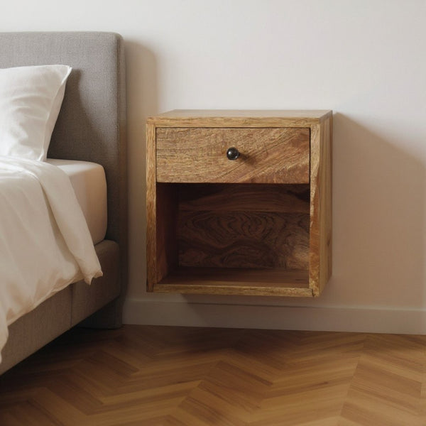 HomeRoots 12" Brown Solid Wood Floating Nightstand with Drawer - Modern Space-Saving Design for Small Rooms 651595