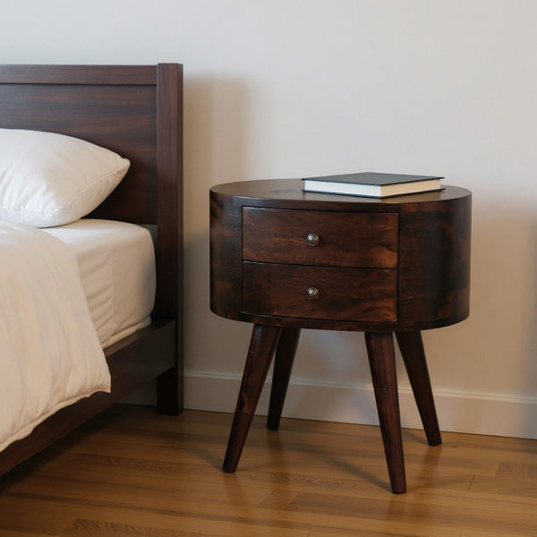 HomeRoots 21" Handcrafted Walnut Solid Wood Oval Nightstand with 2 Drawers - Timeless Charm for Any Space 651597