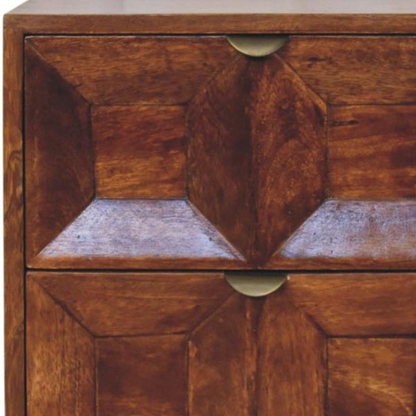 HomeRoots 24" Artisan-Crafted Chestnut Nightstand with Two Drawers, Geometric Design for Stylish Storage Solutions 651598