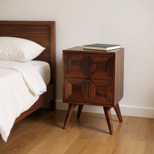 HomeRoots 24" Artisan-Crafted Chestnut Nightstand with Two Drawers, Geometric Design for Stylish Storage Solutions 651598