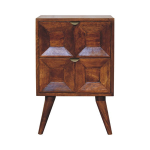 HomeRoots 24" Artisan-Crafted Chestnut Nightstand with Two Drawers, Geometric Design for Stylish Storage Solutions 651598