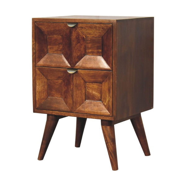 HomeRoots 24" Artisan-Crafted Chestnut Nightstand with Two Drawers, Geometric Design for Stylish Storage Solutions 651598