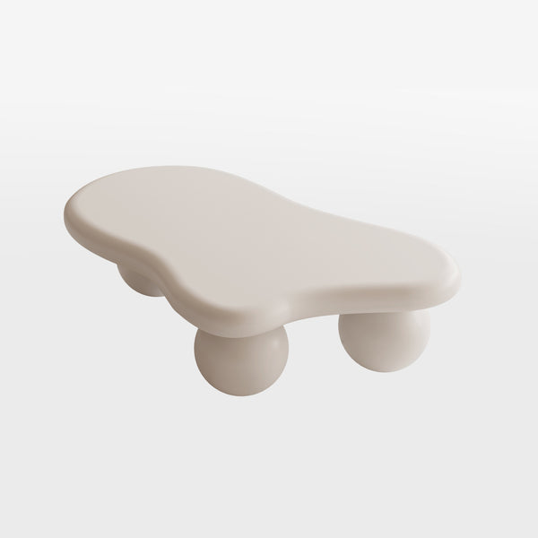 English Elm 47 Inch Cloud-Shaped Coffee Table With Elegant Cream Finish & 3 Ball Legs For Modern Living Spaces W1435S00014