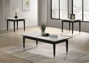 English Elm Contemporary sleek coffee table with sintered stone-look marble top, tapered legs and silver caps for modern elegance and durability Black,White 52 L x 27 W x 5 H B2741P401995