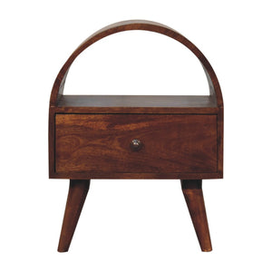 HomeRoots 24" Chic Chestnut Solid Wood Nightstand with Oval Top, Drawer & Open Shelf for Stylish Storage 651601
