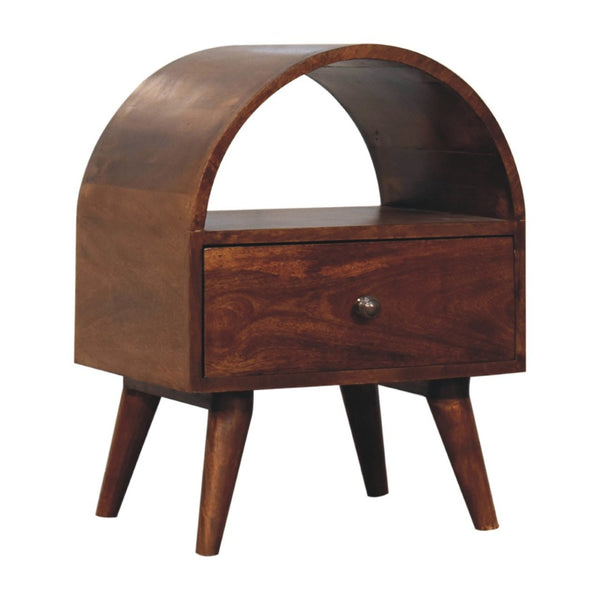 HomeRoots 24" Chic Chestnut Solid Wood Nightstand with Oval Top, Drawer & Open Shelf for Stylish Storage 651601